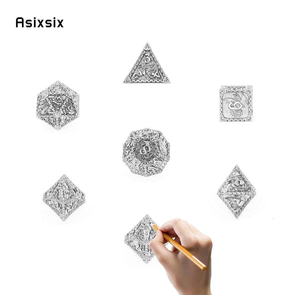 7 Pcs Blue White Dragon Metal Dice Solid Metal Polyhedral Dice Set Suitable for Role-Playing RPG Board Game Card Game