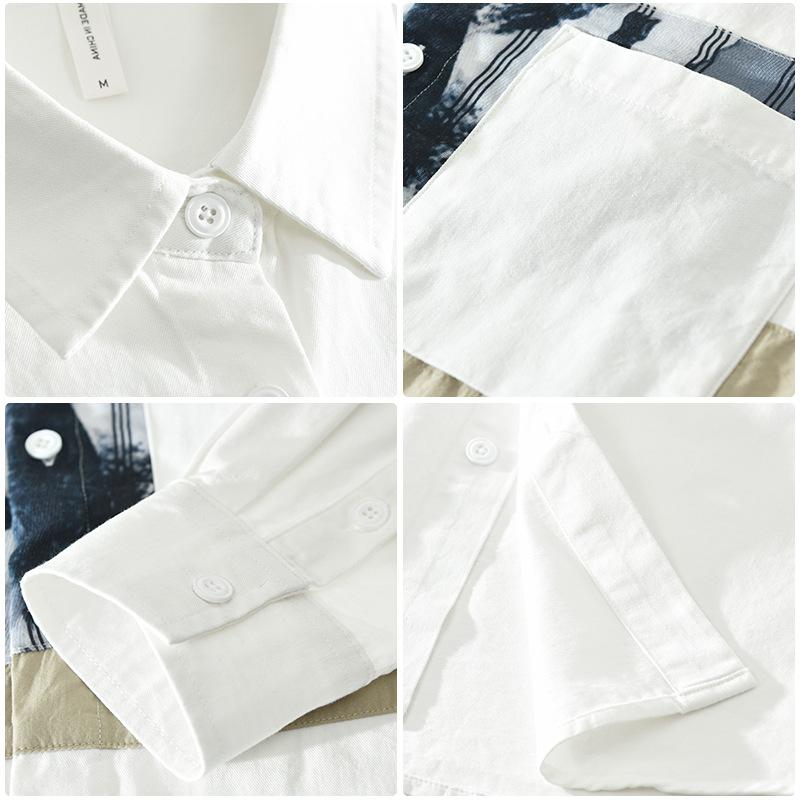 Корейская модная белая рубашка с длинным рукавом, мужская весенне-летняя мужская одежда из чистого хлопка, уличный стиль, свободный топ, лоскутная рубашка с принтом и карманом