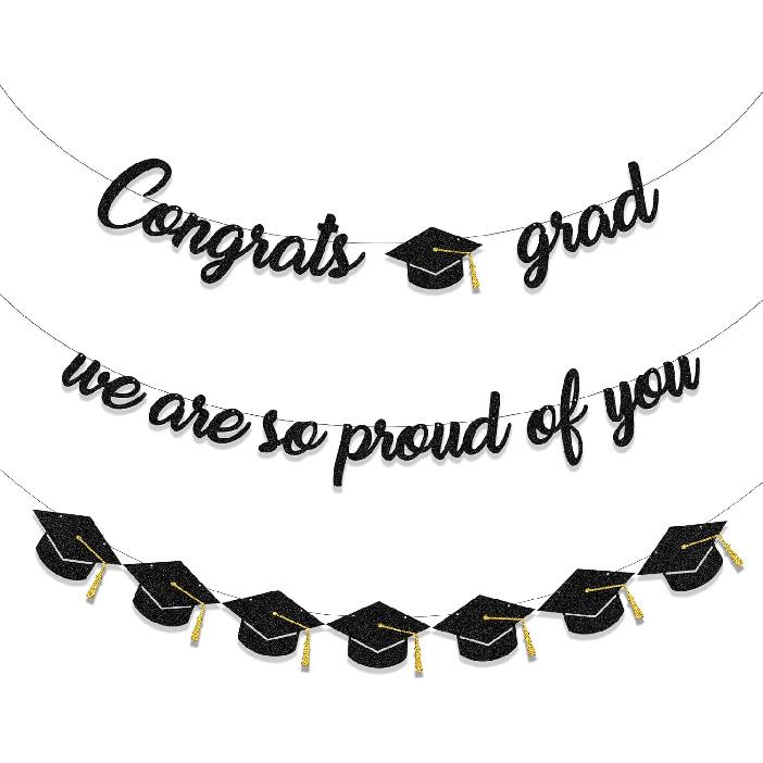 Graduation Decorations Class of 2025 Party Supplies - Congrats Grad, We are So Proud of You Banner and Graduation caps,hats Banner (Pre-Strung)
