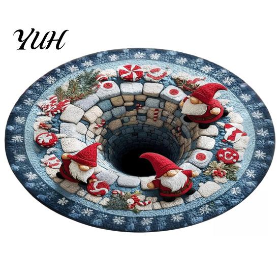Creative Christmas Party Decor Round Area Rug, 3D Optical Illusion Floor Mat with Santa Candy Cane Winter Holiday Carpet Print, Non-Slip Stain