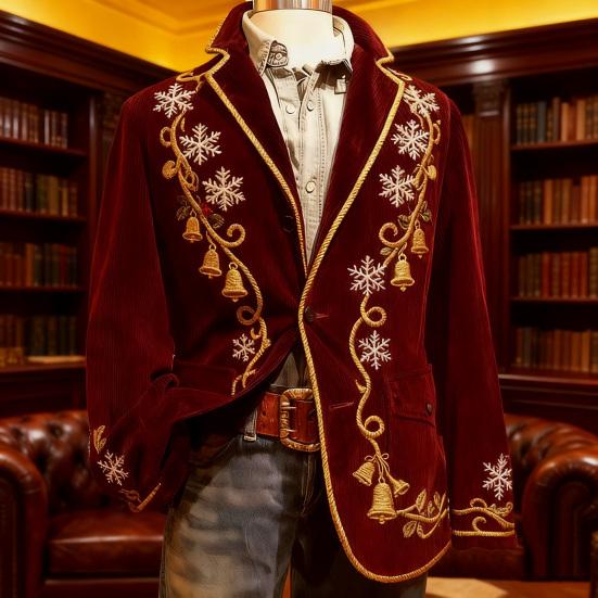 Men Corduroy Suit Coat Single-Breasted Suit Jacket Lapel Long Sleeve 3D Christmas Themed Print Slim Fit Suit Jacket Formal Stage Wear