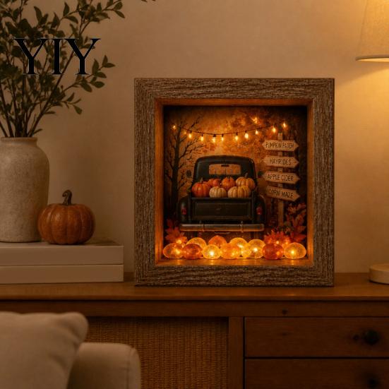 Wood Glass Picture Frame Halloween Shadow Box DIY Lighted Craft Kit, Wooden Night Light with Decorative Display Sea Stones, Gothic LED Memory Case for