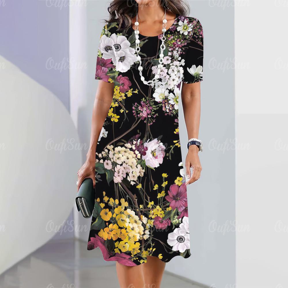 New women's dress with floral print, summer elegant dress, Femle short sleeved dress, fashionable oversized clothing