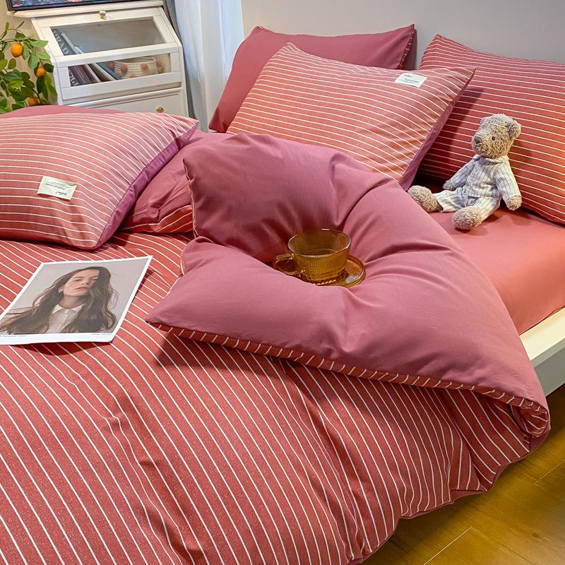 Простыня в клетку из четырех предметов и пододеяльник в японском стиле в скандинавском стиле, набор из трех предметов из стираного хлопка с начесом