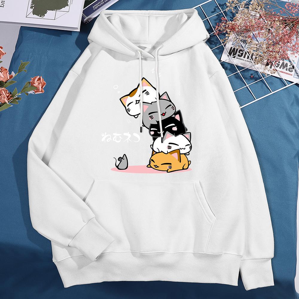 Cute Layered Cat Can't See The Mouse When Sleeping Hoodie Women's Fashion Round Neck Clothing Cute Hoodie Street  Sweatshirt