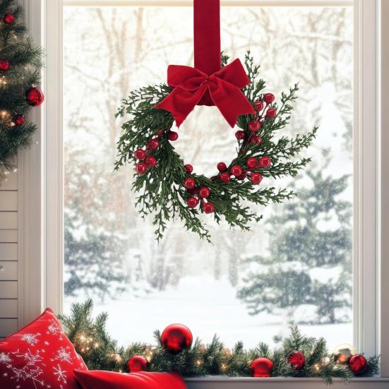 Artificial Christmas Wreath for Front Door 10 Inch Winter Greenery Wreath with Red Berries And Velvet Bow for Holiday Farmhouse Indoor Outdoor Porch