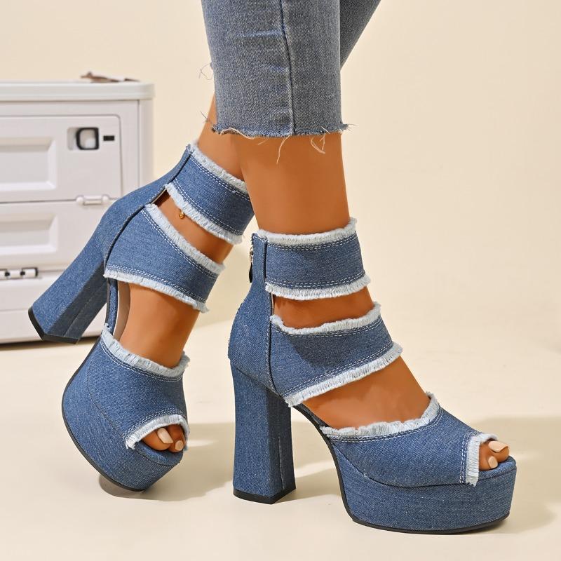 Fashion 2025 Summer New Women's Cover Heel Sandals with Platform Back Zip Ankle Wrap Denim Fashion Dress Party Plus Size Shoes for Women