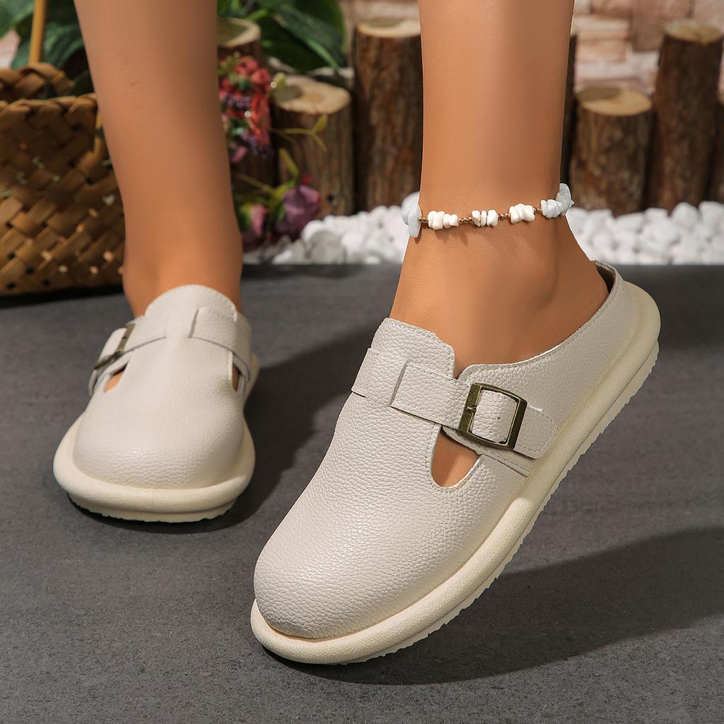 Женская обувь 2024 года, горячая распродажа, закрытый носок, женские тапочки, повседневные тапочки для улицы, женские однотонные, с круглым носком, пряжкой, на плоской подошве, с обувью для женщин