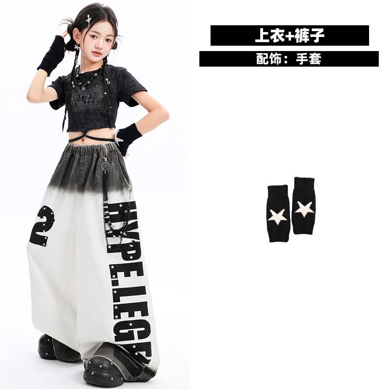 Girls Jazz Dance Outfit Kids Stage Performance Costume Trendy Crop Top Pants Set Recitals