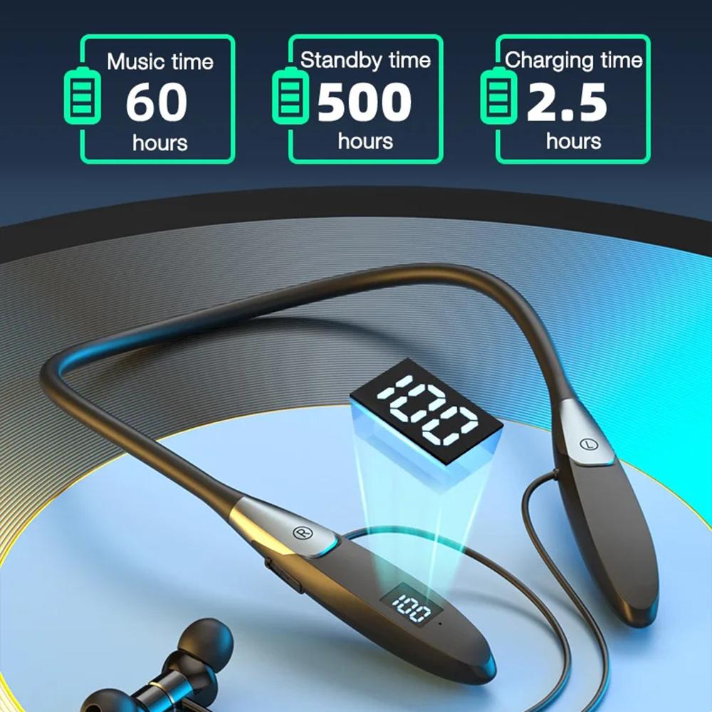 60 часов воспроизведения беспроводные наушники Bluetooth 5.3 с шейным ободом, бас, стерео, спортивные водонепроницаемые наушники с микрофоном