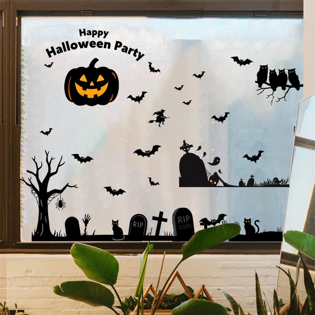 Static Cling Halloween Window Decal Bat and Pumpkin Design Reusable PVC Sticker Decors For Home Office Party Supplies