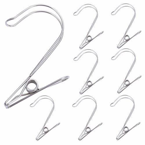 YOYIMONO Stainless Steel Clothespins with Clips and Hooks, Large, Flexible Hanging, for Indoor Use, Clothes Drying, Kitchen, Bathroom, and More, 8-Pac