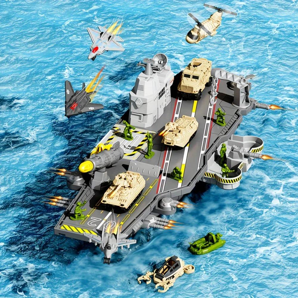 Детский набор игрушек Авианосец с Военными Фигурками, Игрушечными Самолетами, Военными Танками, Вертолетами и Истребителями