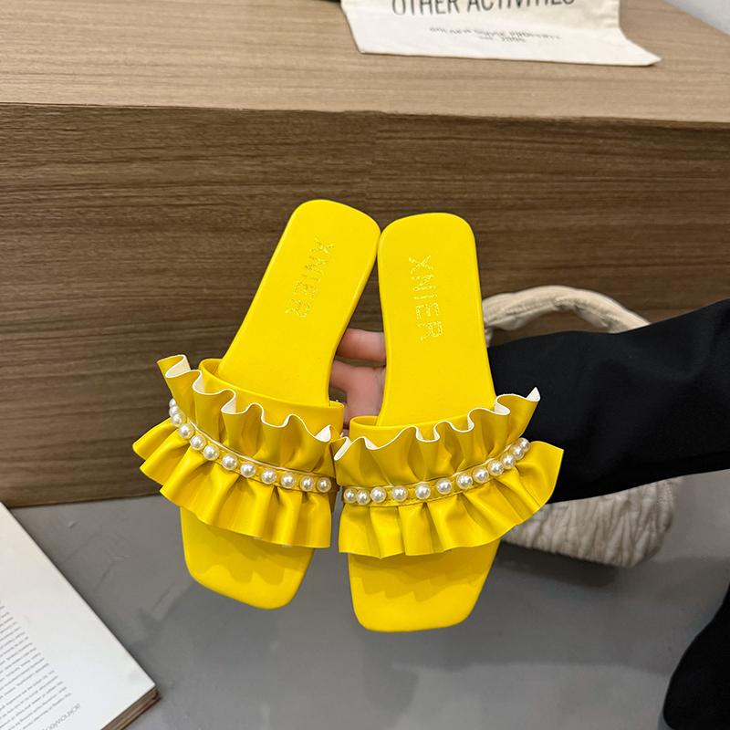 Модные женские тапочки, балетки, сандалии с бусинами, туфли с квадратным носком, летний новый тренд 2025, с открытым носком, повседневные, шлепанцы, женские пляжные шлепки