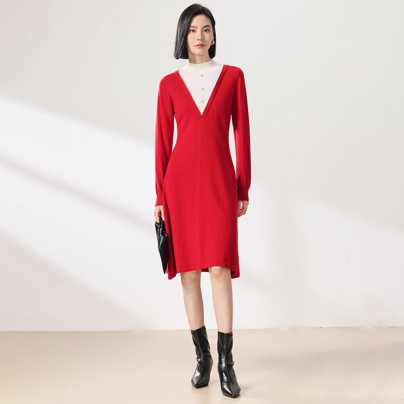 Sanpowa 100% Merino Wool Half-High Collar A-Line Dress