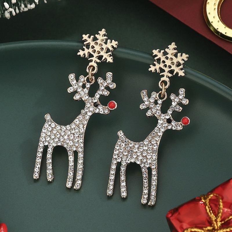 New Christmas Snowflake Elk Earrings, Christmas Diamond Stud Earrings Alloy Rhinestone Earrings Ornament