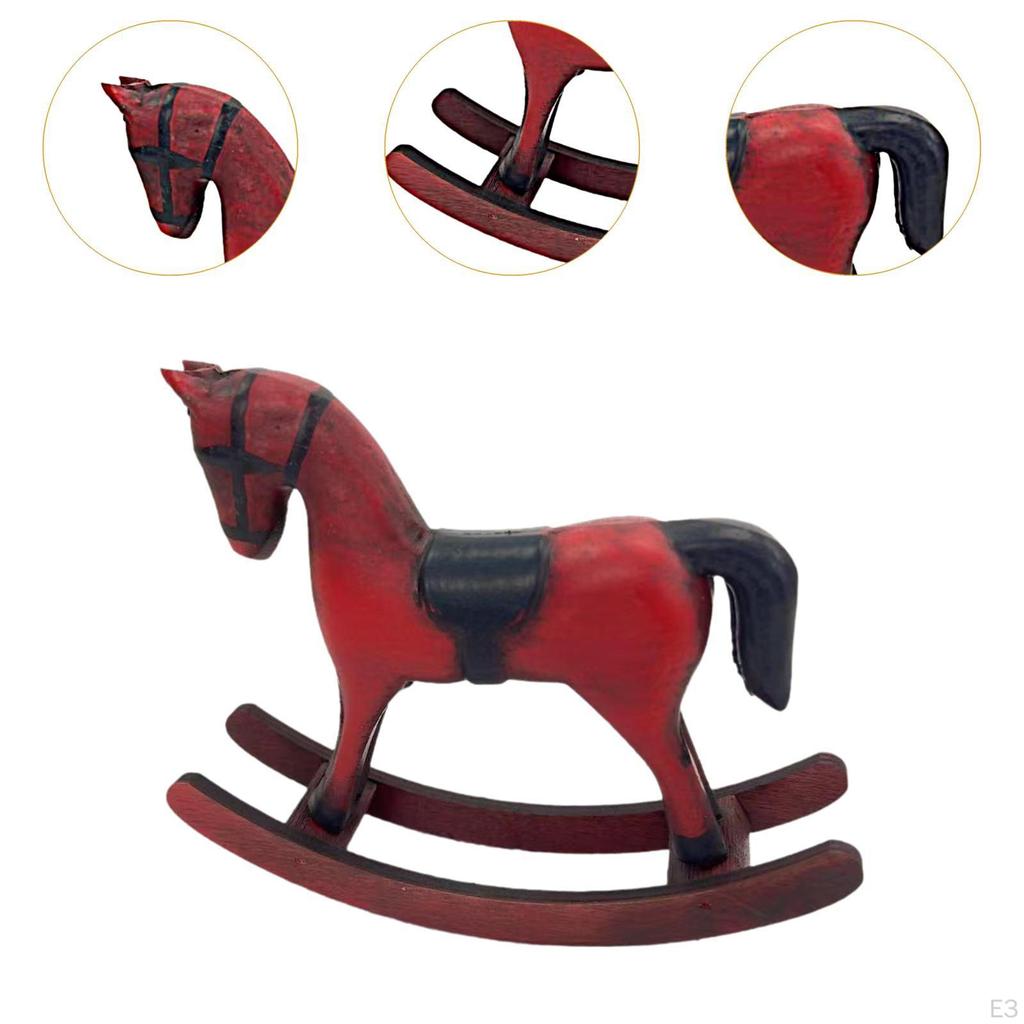 Wooden Rocking Horse Figurine Animal Sculpture Art Crafts Wood Decorative Statue Desktop Ornament