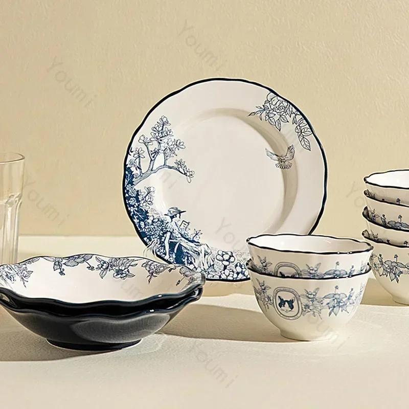 Расписанная вручную цветочная керамическая тарелка, легкая, роскошная, ресторанная, стейк, итальянская паста, изысканные, вкусные блюда, обеденные тарелки