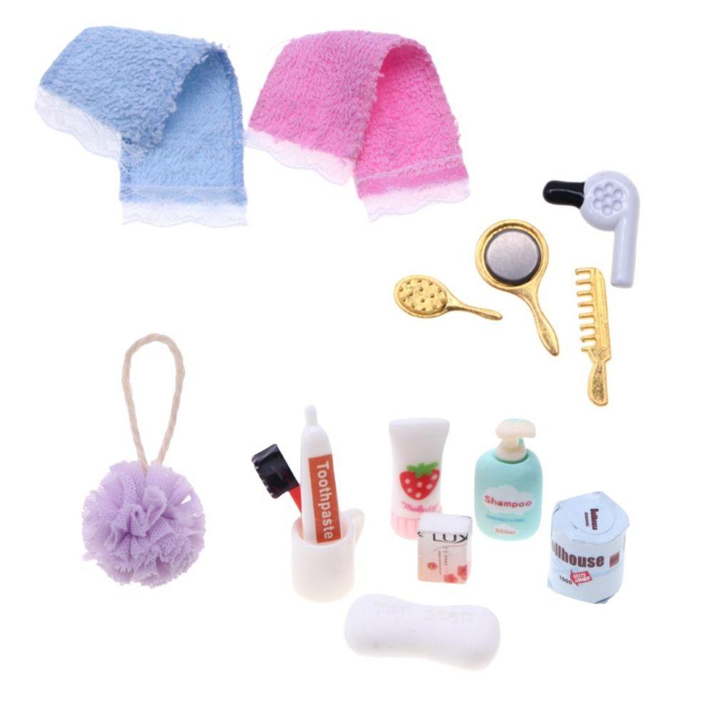 1/12 Dollhouse Makeup Kit Plastic Doll Dressing Tool Set Creative Doll Hair Dryer Comb Toy