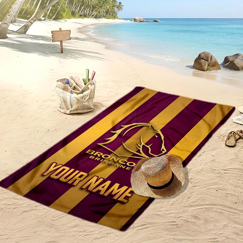 Brisbane Broncos Custom Beach Towel, Print Your Name Text Lightweight Absorbent Towel for Swimming Travel
