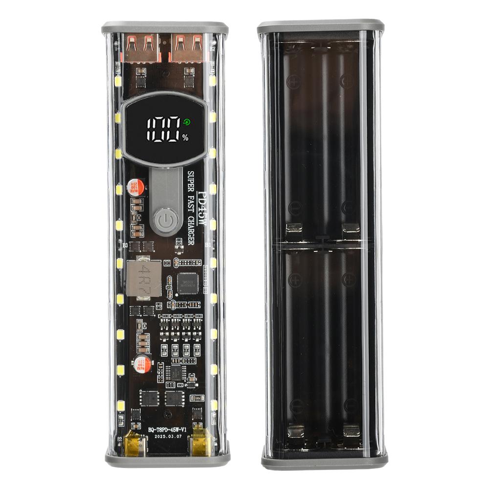 45 Вт 8*18650 Прозрачный корпус Power Bank DIY Электронный набор со светом Цифровой дисплей Быстрая зарядка Аккумуляторный бокс USB TypeC