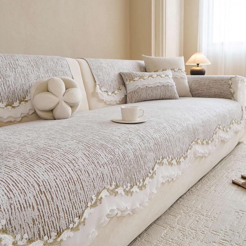 Cream Style Sofa Cushion Lace Trim Non-slip All Season Universal Couch Cover