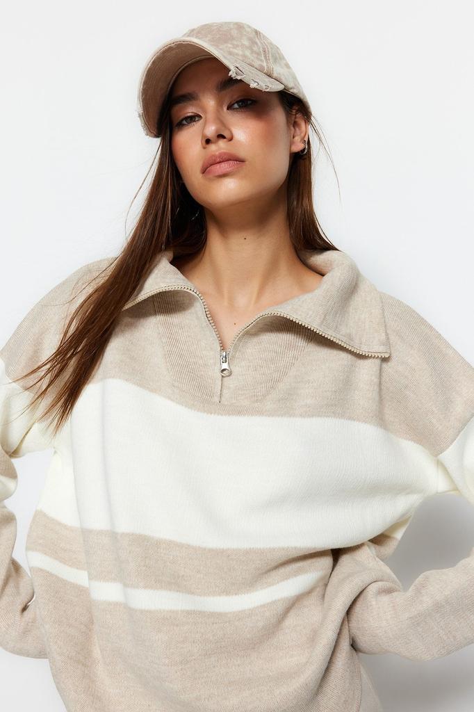 Women's Fashionable Stylish Sweater Stone Wide Fit Basic Zippered Knitwear Sweater