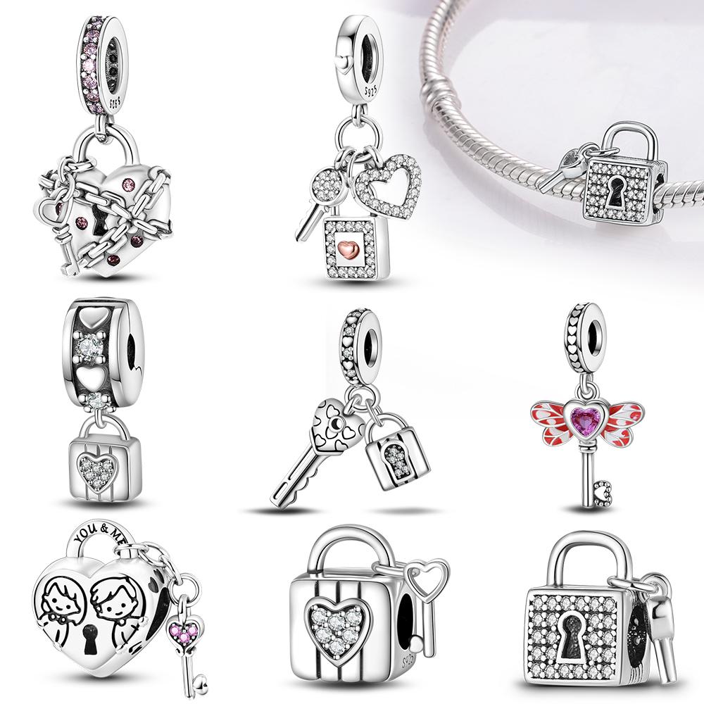 S925 Sterling Silver Key & Lock Heart Pendant Fit Charms Silver S925 Original Bracelet for Jewelry Making