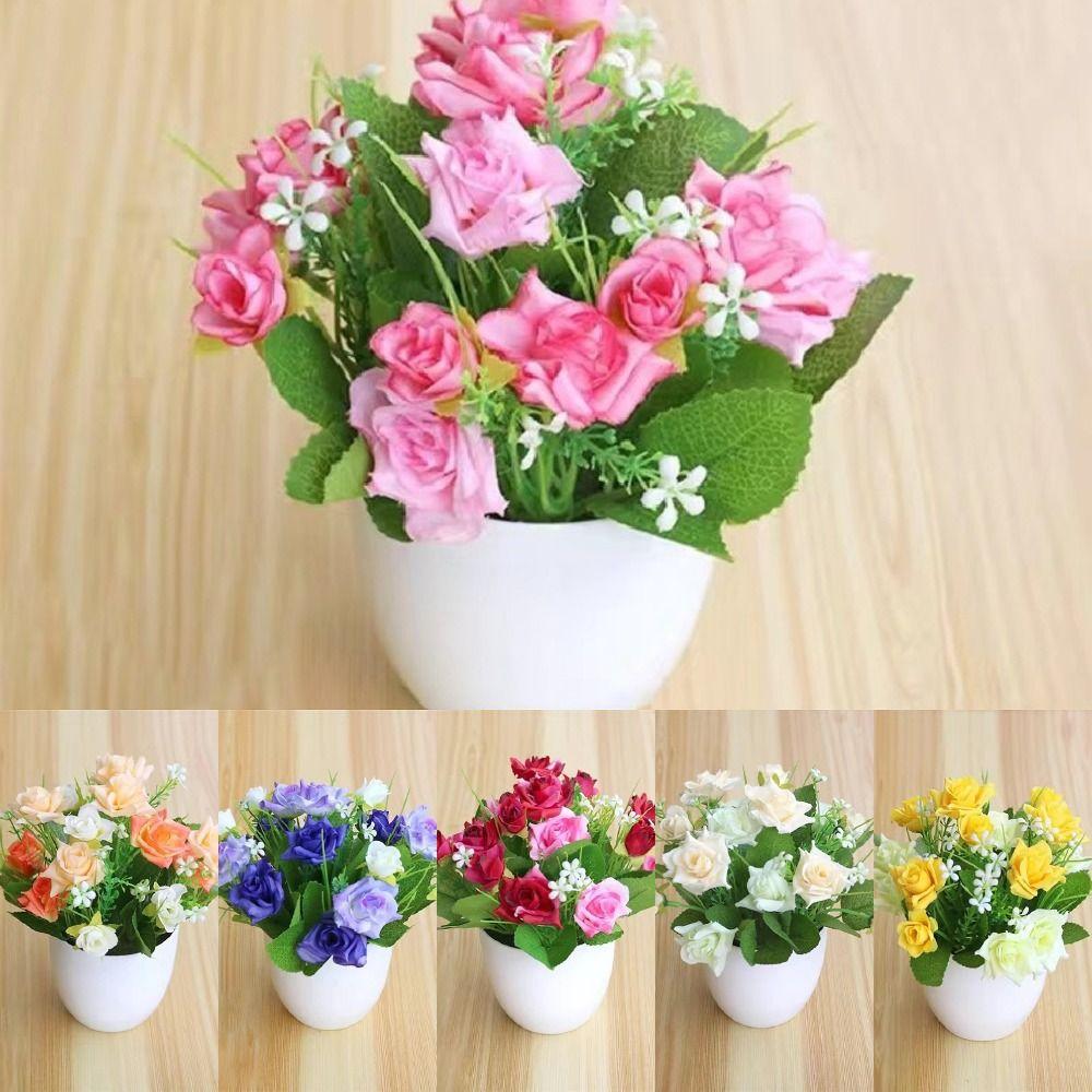 Flower Arrangement Faux Rose Flowers Plastic Garden Artificial Plant Home Indoor Decor