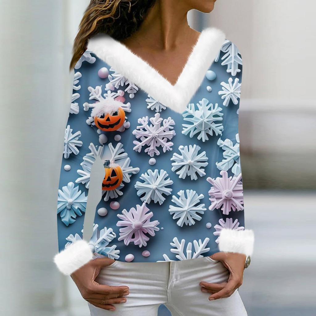 Women's Fashion Casual Long Sleeve V-Neck Christmas Printed Plush Top