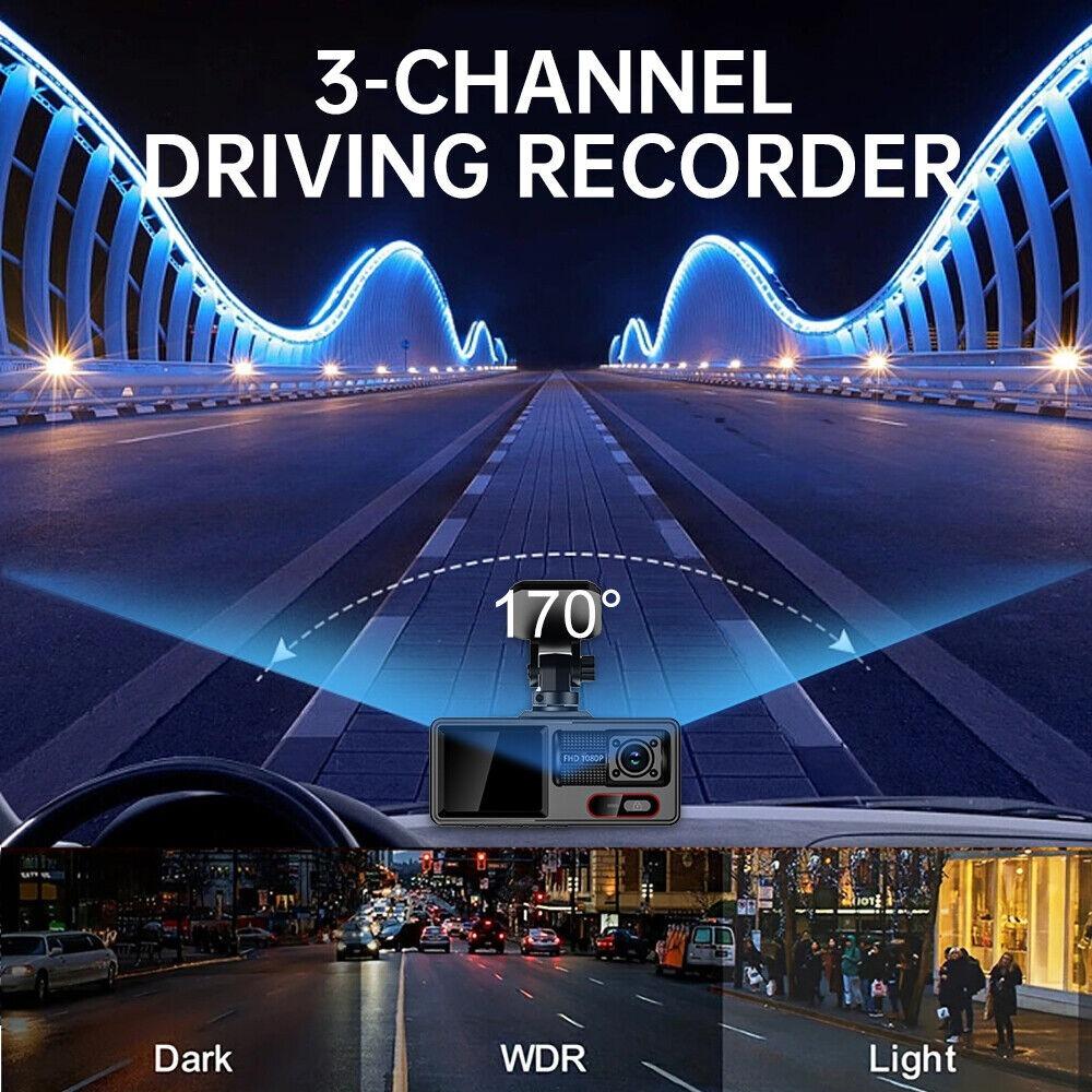 WiFi 1080P 3-Camera Car DVR, In-Car 3-Channel HD Dashcam Video Recorder