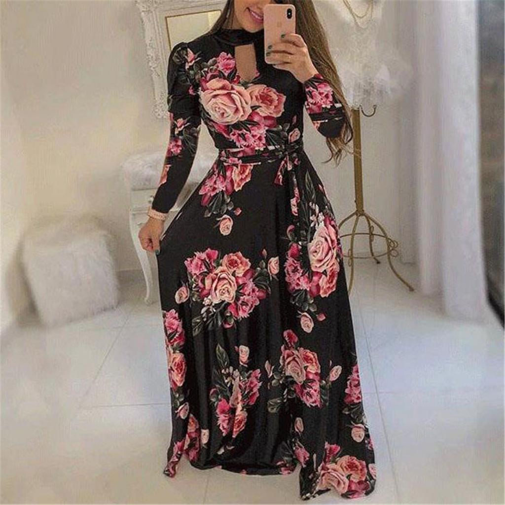 Fashion Womens Printing High Collar Long Sleeve Big Hem Skirt Casual Dress