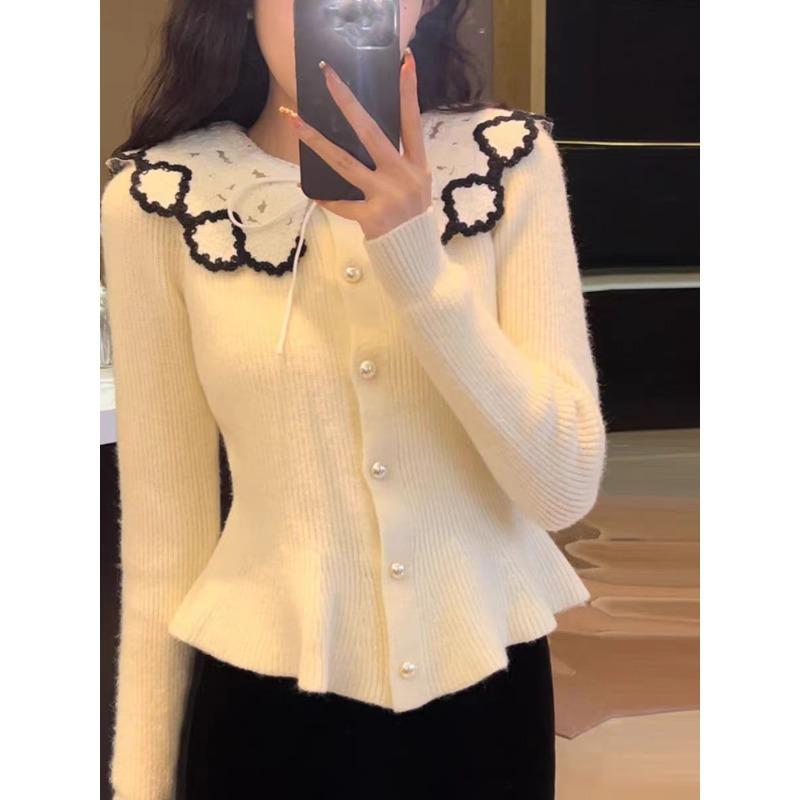 Spring and Autumn Lace Doll Collar Bright Silk Soft Waxy Knitted Cardigan Women's Waist Sweater Women's Top Cover