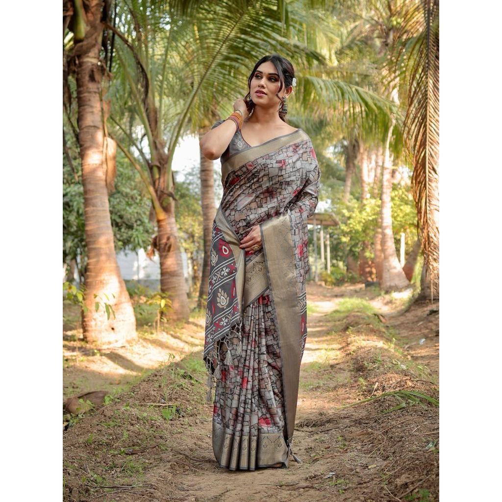 Сари из чистого шелка с цифровой печатью, излучающее королевское очарование с богатой палитрой и замысловатостью