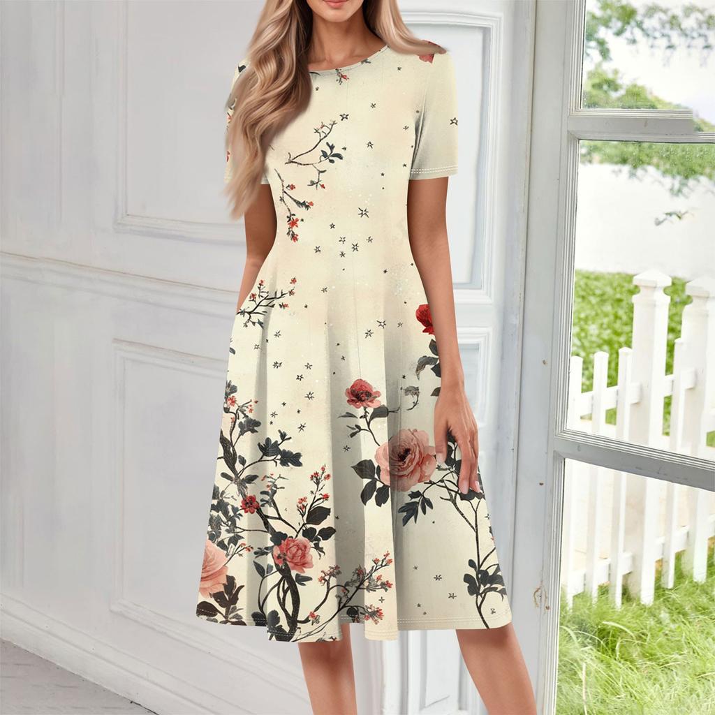 Women's Loose Casual And Fashionable Round Neck Short Sleeved Printed Mid Length Dress