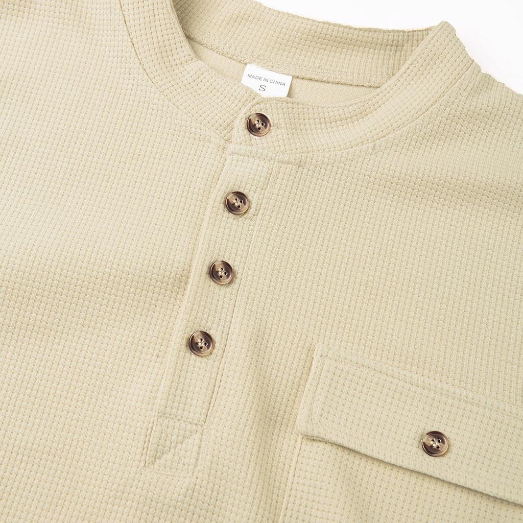 Men'S Button Up Round Neck Top Solid Color Long Sleeved Sports Fashion T-Shirt