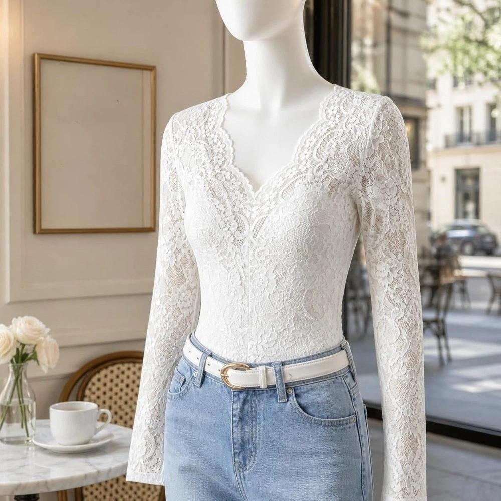 Long Sleeve Sheer Lace Tops V Neck Base Layer Shirt Y2k Lace Sheer T-Shirts Spring