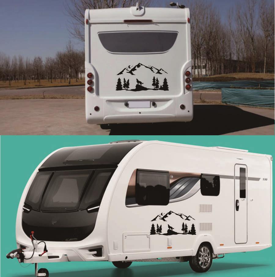 Виниловые наклейки для автомобиля, для внедорожника, дома на колесах, кемпера, внедорожника, воющий волк, украшение автомобиля, горы, лесные животные, лунный свет