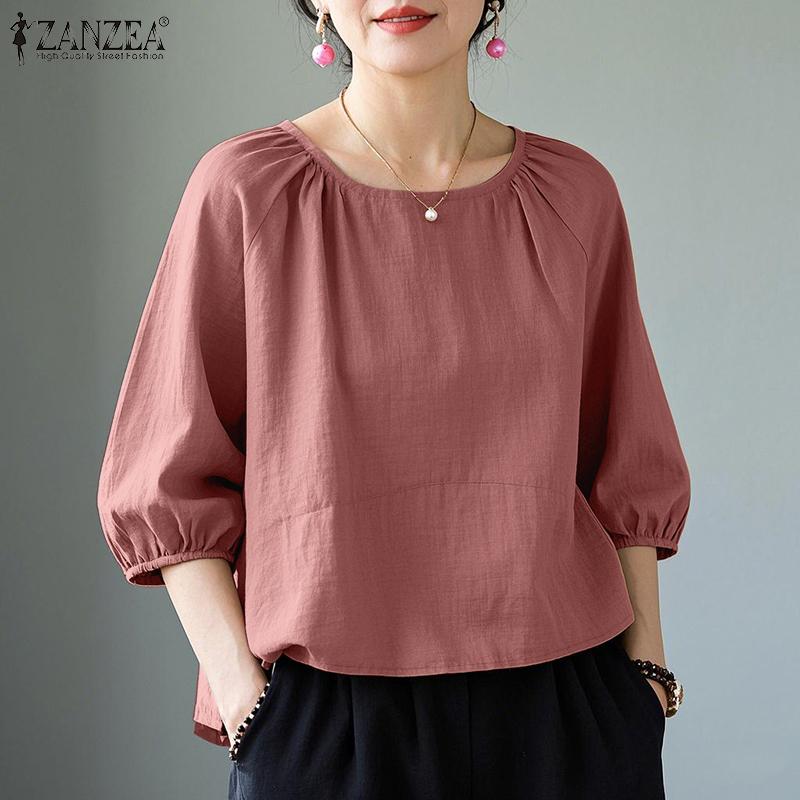 ZANZEA Женская повседневная однотонная блузка с круглым вырезом и рукавом 3/4