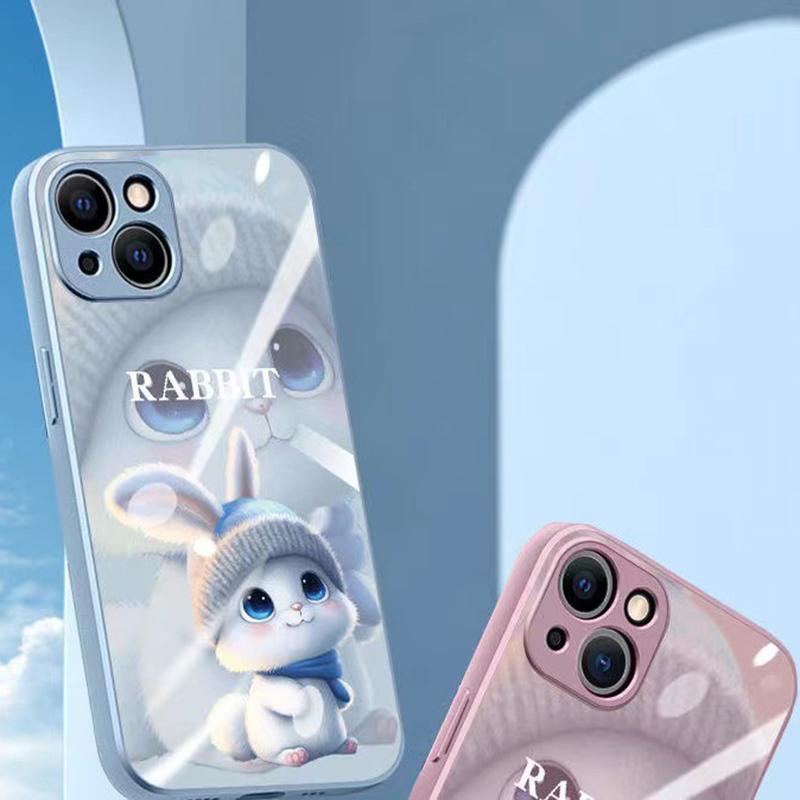 For iPhone 15 Plus Cell Phone Cases Cartoon Rabbit Built-in Lens Film Tempered Glass+TPU Back Cover