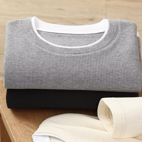 Мужской вафельный свитшот с круглым вырезом, футболка с длинным рукавом, имитация двухслойности, повседневный свободный пуловер для весны, осени, для повседневной носки, уличный стиль