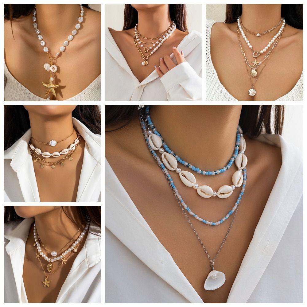 Bohemian Style Conch Clavicle Chain Pearl Starfish Choker Fashion Shell Multilayer Necklace Girls