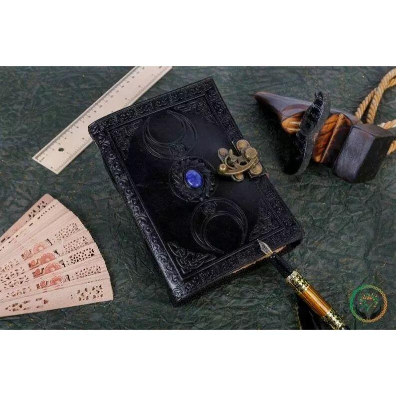 Leather Journal Book of Shadow Magic Book, Triple Moon Journal, Grimoire Book