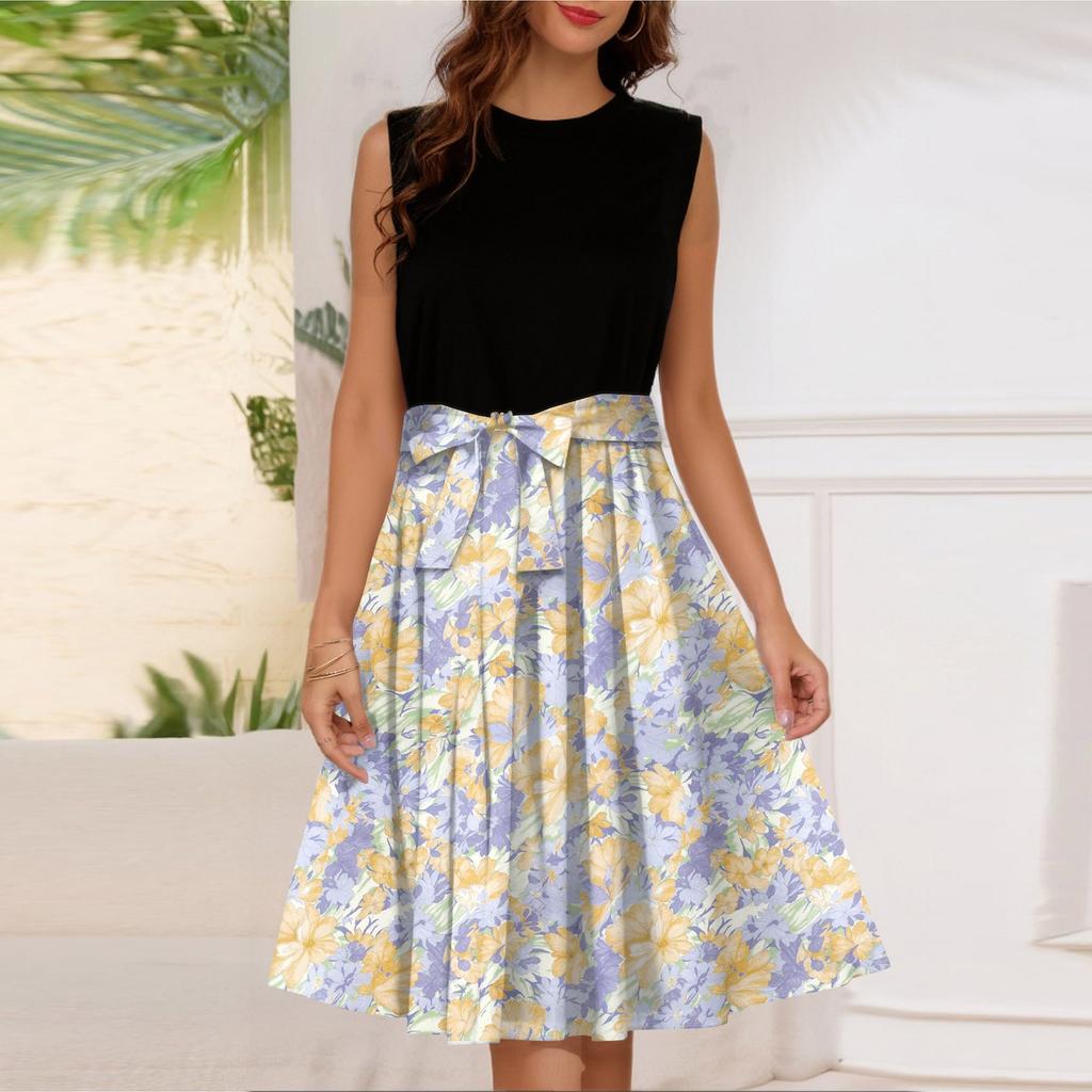 Женское модное повседневное короткое платье без рукавов со шнуровкой и круглым вырезом