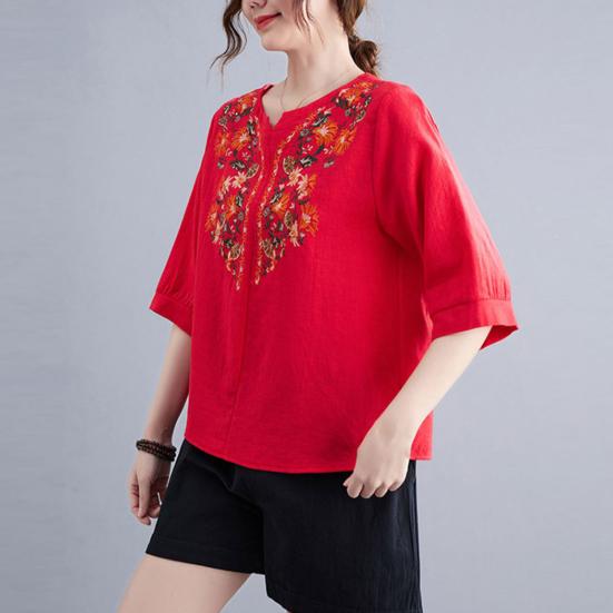 Women Summer Casual Shirt V-Neck Half Sleeve Pullover Tops Embroidery Floral Pattern Loose Fit Comfortable Breathable Blouse