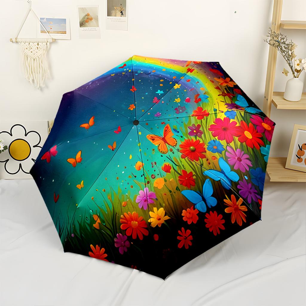 Butterflies And Flowers Moon Compact Travel Automatic Umbrella Folding Umbrella with 8 Ribs Lightweight for Outdoor Daily Use Vibrant Pattern Umbrella