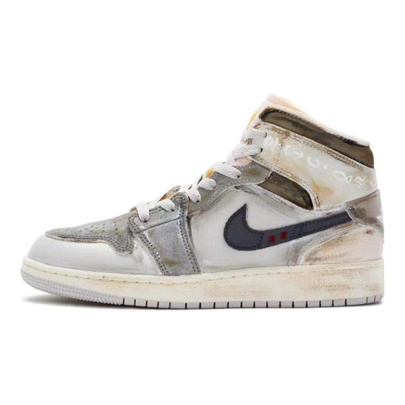 Jordan Air Jordan 1 Mid Амортизация Нескользящая Износостойкая Высокие Баскетбольные Кроссовки Мужские Серый Белый Коричневый DM9652-100(Команда-)