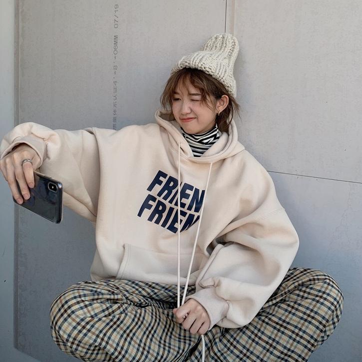 Oversized Korean Retro Hoodies Women Vintage Casual Hooded Sweatshirts Thicken Warm Velvet Top Harajuku Pullover Autumn