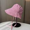Classic plaid bucket hat ladies summer outing outdoor camping visor hat big edge strap sun hat