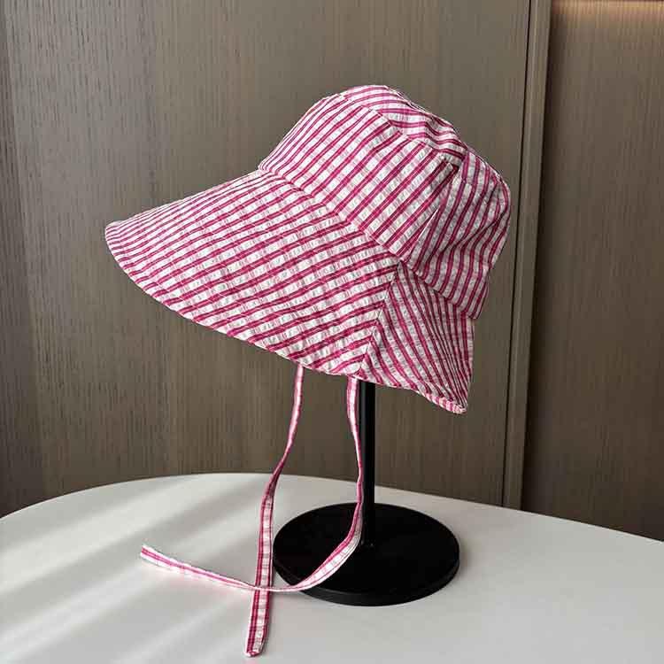 Classic plaid bucket hat ladies summer outing outdoor camping visor hat big edge strap sun hat